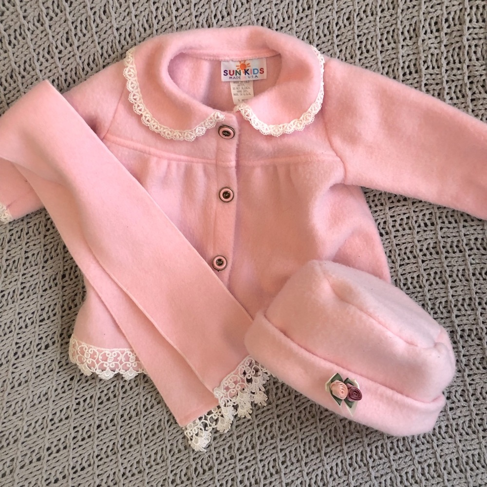 3 pc. Baby girl fuzzy felt jacket/ hat/ scarf with lace trim